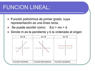 FUNCION LINEAL:
 Función polinómica de primer grado, cuya
representación es una línea recta.
 Se puede escribir como: f(x) = mx + b
 Donde m es la pendiente y b la ordenada al origen
 