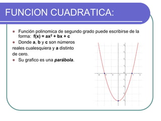 FUNCION CUADRATICA:
 Función polinomica de segundo grado puede escribirse de la
forma: f(x) = ax2 + bx + c
 Donde a, b y c son números
reales cualesquiera y a distinto
de cero.
 Su grafico es una parábola.
 