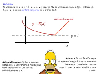 Definición
Si x tiende a (x        ) ó x - , y el valor de R(x) se acerca a un número fijo L, entonces la
línea y = L es una asíntota horizontal de la gráfica de R.


                                                     Asíntota horizontal

                               y = R(x)

                                                                      y=L

                                                                 x

                                                                 Asíntota: Es una función cuya
Asíntota Horizontal: Se llama asíntota                  representación gráfica es en forma de
horizontal. El valor (número Real) al que                      línea recta o parábola y que su
tiende F(x) al crecer (o decrecer)                       trayectoria es de aproximación a una
indefinidamente la x.                                                                   curva.
 