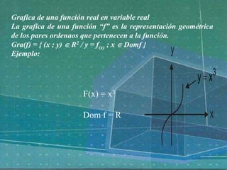 Grafica de una función real en variable real
La grafica de una función “f” es la representación geométrica
de los pares ordenaos que pertenecen a la función.
Gra(f) = { (x ; y)  R2 / y = f(x) ; x  Domf }
Ejemplo:
x
y
3
xy 
F(x) = x3
Dom f = R
 