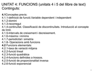 UNITAT 4: FUNCIONS (unitats 4 i 5 del llibre de text)
Continguts:
4.1Conceptes previs:
4.1.1-definició de funció.Variable dependent i independent
4.1.2-domini
4.1.3-recorregut
4.1.4-continuïtat. Classificació de discontinuïtats. Introducció al concepte
de límit.
4.1.5-Intervals de creixement i decreixement.
4.1.6-màxims i mínims
4.1.7-periodicitat i simetria
4.1.8- Operacions amb funcions
4.2 Funcions elementals:
4.2.1-taxa de variació mitjana
4.2.2-funció lineal
4.2.3-funció quadràtica
4.2.4-funcions definides a trossos.
4.2.5-funció de proporcionalitat inversa
4.2.6-funció exponencial

                                                                               2
 