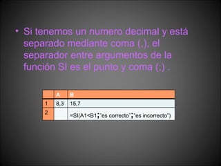 Si tenemos un numero decimal y está separado mediante coma (,), el separador entre argumentos de la función SI es el punto y coma (;) .  A B 1 8,3 15,7 2 =SI(A1<B1 ; ”es correcto” ; ”es incorrecto”) 