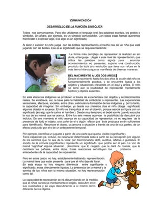 COMUNICACION
DESARROLLO DE LA FUNCIÓN SIMBÓLICA
Todos nos comunicamos. Para ello utilizamos el lenguaje oral, las palabras escritas, los gestos o
símbolos. Un afiche, por ejemplo, es un símbolo comunicador. Con todas estas formas queremos
manifestar o expresar algo. Ese algo es un significado.
Al decir o escribir: El niño juega con las bolitas representamos el hecho real de un niño que está
jugando con las bolitas. Ese es el significado que se requiere transmitir.
La forma más compleja de representar la realidad es sin
duda, el lenguaje. Llegar a este nivel de representación, que
utiliza las palabras como signos para
enunciar
acontecimientos no presentes, supone una construcción,
producto de toda una evolución que tiene sus raíces en la
más tierna infancia que se manifiesta de diversas maneras.
DEL NACIMIENTO A LOS DOS AÑOS:
Desde el nacimiento hasta los dos años la acción del niño es
fundamentalmente practica, y se encuentra ligada a los
objetos y situaciones presentes en el aquí y ahora. El niño
no tiene aún la posibilidad de representar mentalmente
hechos y objetos ausentes.
En esta etapa las imágenes se producen a través de experiencias con objetos y acontecimientos
reales. Se establece, así, la base para la habilidad de simbolizar o representar. Las experiencias
sensoriales, afectivas, sociales, entre otras, estimulan la formación de las imágenes y, por lo tanto,
la capacidad de imaginar. Sin embargo, ya desde sus primeros días el niño otorga significado
algunos objetos o sucesos: El niño se tranquiliza al ver el biberón, porque asocia su figura con un
significado (es algo que le calma el hambre ). Desde muy temprano el bebé sonríe cuando escucha
la voz de su mamá que se acerca. Entre los seis meses aparece la posibilidad de descubrir por
indicios. En ese momento el niño avanza en su capacidad de representar: ya no requiere de la
presencia de todo el objeto; una parte de el o algún efecto que éste produzca serán suficientes
para identificarlo. Reconoce el objeto, la persona o situación a través de una de sus partes, de un
efecto producido por el o de un antecedente temporal.
Por ejemplo, identifica un juguete a partir de una parte que queda visible (significante).
Tiene capacidad ya, incluso, de reconocer determinada cosa a partir de su percepción por alguno
de los sentidos que no sea de la vista: por discriminación táctil, auditiva, olfativa o gustativa. El
sonido de la corneta (significante) representa un significado, que podría ser el pan. La voz de
mamá “significa” alguna situación placentera: que lo cargará, que le dará de mamar, que le
cambiará los pañales, entre otros. Estas reacciones constituyen los
primeros
antecedentes de la capacidad de representar.
Pero en estos casos no hay, estrictamente hablando, representación.
La mamá tiene que estar presente para que el niño deje de llorar.
En esta etapa no hay ninguna diferencia
entre significante y
significado; estos directamente ligados. La presencia de la mamá y la
sonrisa de los niños son la misma situación, no hay representación
como tal.
La capacidad de representar se irá desarrollando en la medida
que el niños construya mentalmente el objeto, descubrir en él
sus cualidades y se vaya descubriendo a sí mismo como
diferente de los objetos.

 