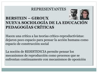 REPRESENTANTES
BERSTEIN – GIROUX
NUEVA SOCIOLOGÍA DE LA EDUCACIÓN
PEDAGOGÍAS CRÍTICAS
Hacen una crítica a las teorías crítico-reproductivistas:
dejaron poco espacio para pensar la acción humana como
espacio de construcción social
La noción de RESISTENCIA permite pensar los
mecanismos de reproducción como procesos que se
enfrentan continuamente con mecanismos de oposición
REPRESENTANTES
BERSTEIN – GIROUX
NUEVA SOCIOLOGÍA DE LA EDUCACIÓN
PEDAGOGÍAS CRÍTICAS
Hacen una crítica a las teorías crítico-reproductivistas:
dejaron poco espacio para pensar la acción humana como
espacio de construcción social
La noción de RESISTENCIA permite pensar los
mecanismos de reproducción como procesos que se
enfrentan continuamente con mecanismos de oposición
 