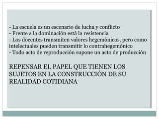 - La escuela es un escenario de lucha y conflicto
- Frente a la dominación está la resistencia
- Los docentes transmiten valores hegemónicos, pero como
intelectuales pueden transmitir lo contrahegemónico
- Todo acto de reproducción supone un acto de producción
REPENSAR EL PAPEL QUE TIENEN LOS
SUJETOS EN LA CONSTRUCCIÓN DE SU
REALIDAD COTIDIANA
- La escuela es un escenario de lucha y conflicto
- Frente a la dominación está la resistencia
- Los docentes transmiten valores hegemónicos, pero como
intelectuales pueden transmitir lo contrahegemónico
- Todo acto de reproducción supone un acto de producción
REPENSAR EL PAPEL QUE TIENEN LOS
SUJETOS EN LA CONSTRUCCIÓN DE SU
REALIDAD COTIDIANA
 