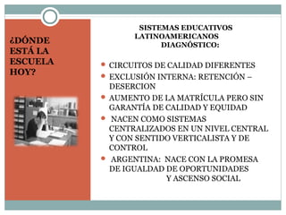 ¿DÓNDE
ESTÁ LA
ESCUELA
HOY?
SISTEMAS EDUCATIVOS
LATINOAMERICANOS
DIAGNÓSTICO:
 CIRCUITOS DE CALIDAD DIFERENTES
 EXCLUSIÓN INTERNA: RETENCIÓN –
DESERCION
 AUMENTO DE LA MATRÍCULA PERO SIN
GARANTÍA DE CALIDAD Y EQUIDAD
 NACEN COMO SISTEMAS
CENTRALIZADOS EN UN NIVEL CENTRAL
Y CON SENTIDO VERTICALISTA Y DE
CONTROL
 ARGENTINA: NACE CON LA PROMESA
DE IGUALDAD DE OPORTUNIDADES
Y ASCENSO SOCIAL
 