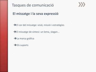 Tasques de comunicació
El missatge i la seva expressió

El cor del missatge: visió, missió i estratègies

El missatge de síntesi: un lema, slogan...

La marca gràfica

Els suports
 