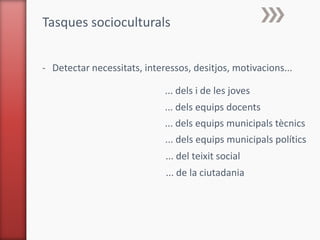 Tasques socioculturals


- Detectar necessitats, interessos, desitjos, motivacions...

                             ... dels i de les joves
                             ... dels equips docents
                             ... dels equips municipals tècnics
                             ... dels equips municipals polítics
                             ... del teixit social
                             ... de la ciutadania
 