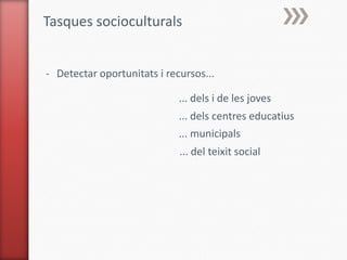 Tasques socioculturals


- Detectar oportunitats i recursos...

                             ... dels i de les joves
                             ... dels centres educatius
                             ... municipals
                             ... del teixit social
 