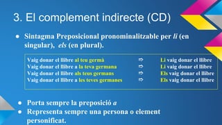 3. El complement indirecte (CD)
● Sintagma Preposicional pronominalitzable per li (en
singular), els (en plural).
Vaig donar el llibre al teu germà ➱ Li vaig donar el llibre
Vaig donar el llibre a la teva germana ➱ Li vaig donar el llibre
Vaig donar el llibre als teus germans ➱ Els vaig donar el llibre
Vaig donar el llibre a les teves germanes ➱ Els vaig donar el llibre
● Porta sempre la preposició a
● Representa sempre una persona o element
personificat.
 