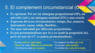 5. El complement circumstancial (CC)
● És opcional. Pot ser un sintagma preposicional (SP), un
adverbi (Adv), un sintagma nominal (SN) o una oració.
● Expressa diverses circumstàncies: temps, lloc, manera,
instrument, causa, mitjà, finalitat...
● Pot anar introduït per diferents preposicions.
● Es pot pronominalitzar per hi o en (amb la preposició de),
però no tots els CC es poden pronominalitzar.
Escriu molt bé /amb llapis Va comprar les flors per a la
MartaVa venir dilluns/a la tarda/ahir Va tornar amb autobús.
No hi havia anat per mandra Va trobar-lo a sota de la taula.
 