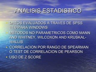 ANALISIS ESTADISTICOANALISIS ESTADISTICO
• DATOS EVALUADOS A TRAVES DE SPSSDATOS EVALUADOS A TRAVES DE SPSS
11.0 PARA WIND...
