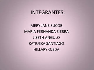 INTEGRANTES: MERY JANE SUCOB MARIA FERNANDA SIERRA  JISETH ANGULO  KATIUSKA SANTIAGO  HILLARY OJEDA  