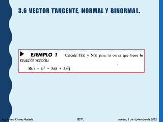 Ing. Álvaro Chávez Galavíz ITSTL martes, 8 de noviembre de 2022
3.6 VECTOR TANGENTE, NORMAL Y BINORMAL.
 