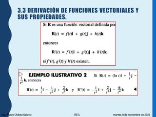Ing. Álvaro Chávez Galavíz ITSTL martes, 8 de noviembre de 2022
3.3 DERIVACIÓN DE FUNCIONES VECTORIALES Y
SUS PROPIEDADES.
 