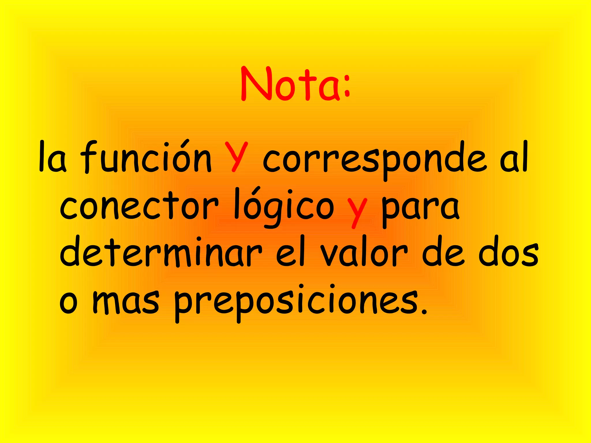Nota:
la función Y corresponde al
conector lógico y para
determinar el valor de dos
o mas preposiciones.