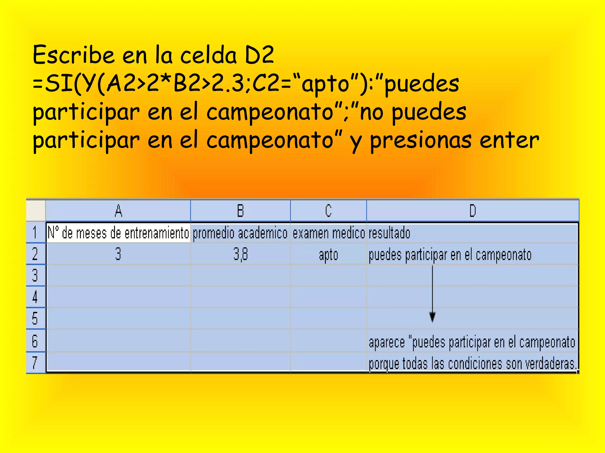 Escribe en la celda D2
=SI(Y(A2>2*B2>2.3;C2=“apto”):”puedes
participar en el campeonato”;”no puedes
participar en el campeonato” y presionas enter
