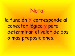 Nota:
la función Y corresponde al
  conector lógico y para
  determinar el valor de dos
  o mas preposiciones.
 