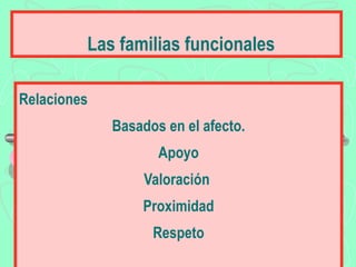 Las familias funcionales

Relaciones
             Basados en el afecto.
                    Apoyo
                  Valoración
                 Proximidad
                   Respeto
 