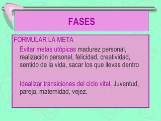 FASES
FORMULAR LA META
  Evitar metas utópicas madurez personal,
  realización personal, felicidad, creatividad,
  sentido de la vida, sacar los que llevas dentro

  Idealizar transiciones del ciclo vital. Juventud,
  pareja, maternidad, vejez.
 