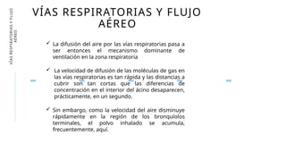 VÍAS
RESPIRATORIAS
Y
FLUJO
AÉREO
1 0
 La difusión del aire por las vías respiratorias pasa a
ser entonces el mecanismo dominante de
ventilación en la zona respiratoria
VÍAS RESPIRATORIAS Y FLUJO
AÉREO
 La velocidad de difusión de las moléculas de gas en
las vías respiratorias es tan rápida y las distancias a
cubrir son tan cortas que las diferencias de
concentración en el interior del ácino desaparecen,
prácticamente, en un segundo.
 Sin embargo, como la velocidad del aire disminuye
rápidamente en la región de los bronquíolos
terminales, el polvo inhalado se acumula,
frecuentemente, aquí.
 