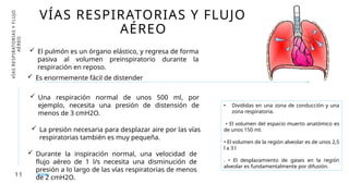 11
VÍAS
RESPIRATORIAS
Y
FLUJO
AÉREO VÍAS RESPIRATORIAS Y FLUJO
AÉREO
 El pulmón es un órgano elástico, y regresa de forma
pasiva al volumen preinspiratorio durante la
respiración en reposo.
 Es enormemente fácil de distender
 Una respiración normal de unos 500 ml, por
ejemplo, necesita una presión de distensión de
menos de 3 cmH2O.
 La presión necesaria para desplazar aire por las vías
respiratorias también es muy pequeña.
 Durante la inspiración normal, una velocidad de
flujo aéreo de 1 l/s necesita una disminución de
presión a lo largo de las vías respiratorias de menos
de 2 cmH2O.
• Divididas en una zona de conducción y una
zona respiratoria.
• El volumen del espacio muerto anatómico es
de unos 150 ml.
• El volumen de la región alveolar es de unos 2,5
l a 3 l
. • El desplazamiento de gases en la región
alveolar es fundamentalmente por difusión.
 