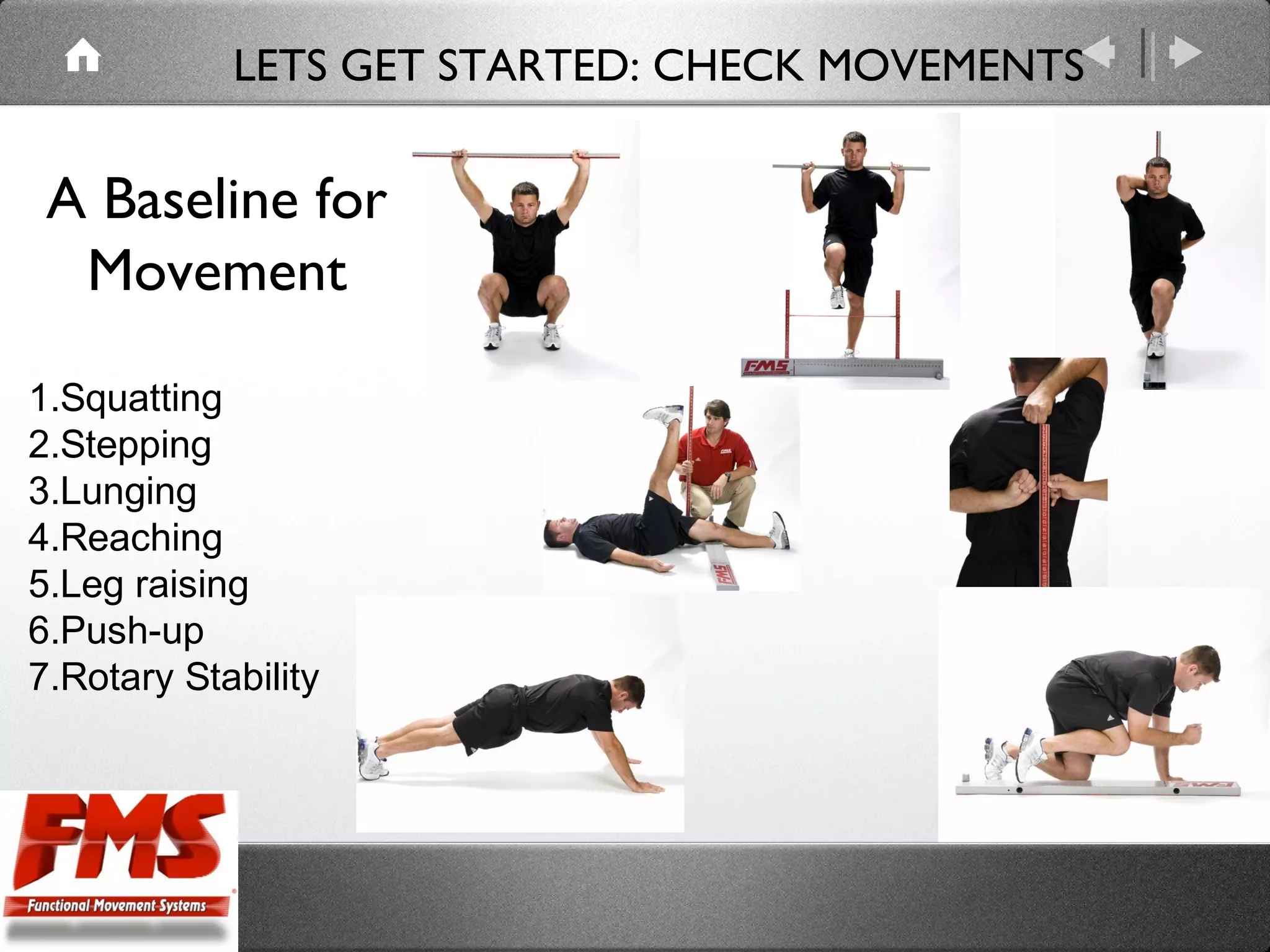 1.Squatting
2.Stepping
3.Lunging
4.Reaching
5.Leg raising
6.Push-up
7.Rotary Stability
LETS GET STARTED: CHECK MOVEMENTS
A Baseline for
Movement
 