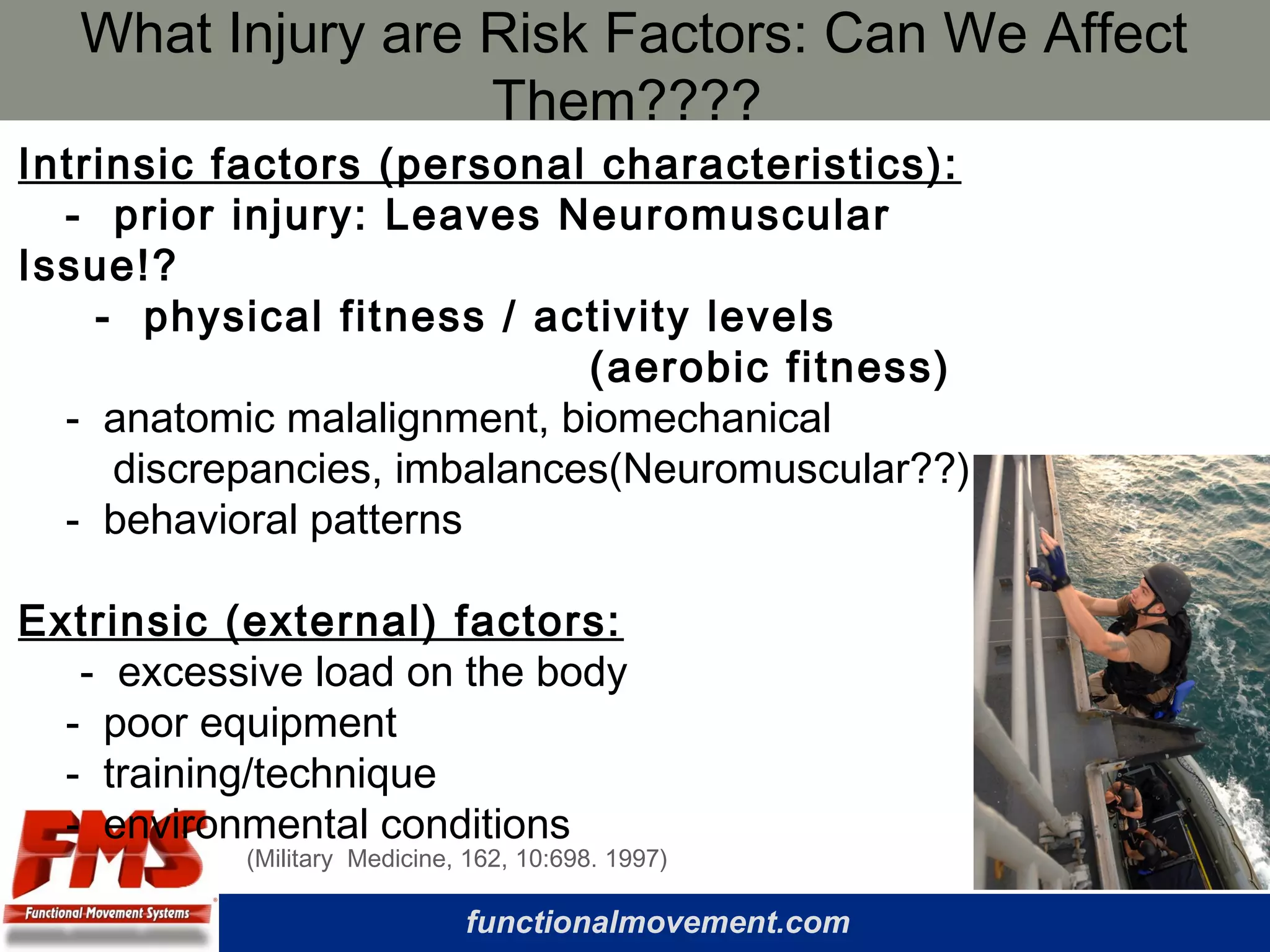 functionalmovement.com
What Injury are Risk Factors: Can We Affect
Them????
Intrinsic factors (personal characteristics):
- prior injury: Leaves Neuromuscular
Issue!?
- physical fitness / activity levels
(aerobic fitness)
- anatomic malalignment, biomechanical
discrepancies, imbalances(Neuromuscular??)
- behavioral patterns
Extrinsic (external) factors:
- excessive load on the body
- poor equipment
- training/technique
- environmental conditions
(Military Medicine, 162, 10:698. 1997)
 