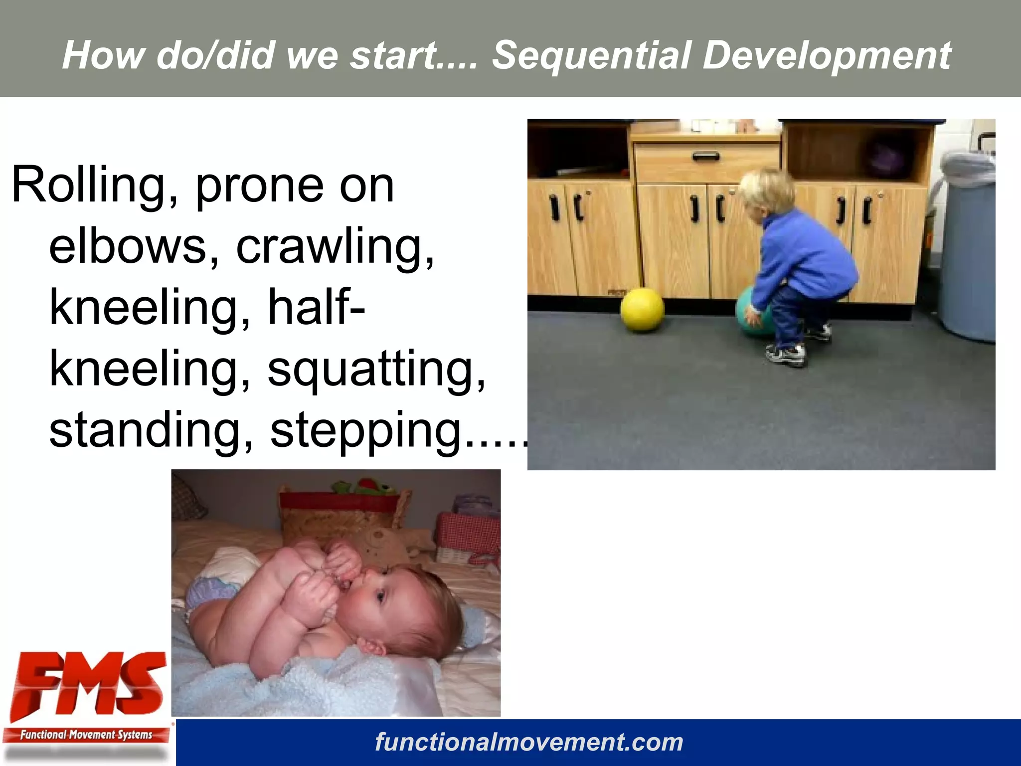 functionalmovement.com
How do/did we start.... Sequential Development
Rolling, prone on
elbows, crawling,
kneeling, half-
kneeling, squatting,
standing, stepping.....
 
