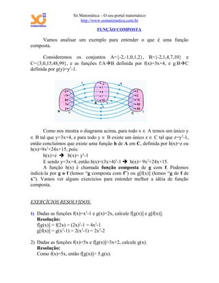 Só Matemática – O seu portal matemático
                        http://www.somatematica.com.br

                                  FUNÇÃO COMPOSTA

     Vamos analisar um exemplo para entender o que é uma função
composta.

      Consideremos os conjuntos A={-2,-1,0,1,2}, B={-2,1,4,7,10} e
C={3,0,15,48,99}, e as funções f:AB definida por f(x)=3x+4, e g:BC
definida por g(y)=y2-1.




      Como nos mostra o diagrama acima, para todo x ∈ A temos um único y
∈ B tal que y=3x+4, e para todo y ∈ B existe um único z ∈ C tal que z=y2-1,
então concluímos que existe uma função h de A em C, definida por h(x)=z ou
h(x)=9x2+24x+15, pois:
      h(x)=z  h(x)= y2-1
      E sendo y=3x+4, então h(x)=(3x+4)2-1  h(x)= 9x2+24x+15.
      A função h(x) é chamada função composta de g com f. Podemos
indicá-la por g o f (lemos “g composta com f”) ou g[f(x)] (lemos “g de f de
x”). Vamos ver alguns exercícios para entender melhor a idéia de função
composta.


EXERCÍCIOS RESOLVIDOS:

1) Dadas as funções f(x)=x2-1 e g(x)=2x, calcule f[g(x)] e g[f(x)].
   Resolução:
   f[g(x)] = f(2x) = (2x)2-1 = 4x2-1
   g[f(x)] = g(x2-1) = 2(x2-1) = 2x2-2

2) Dadas as funções f(x)=5x e f[g(x)]=3x+2, calcule g(x).
   Resolução:
   Como f(x)=5x, então f[g(x)]= 5.g(x).
 