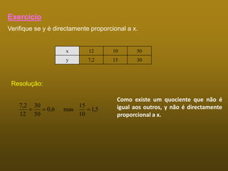 Exercício
Verifique se y é directamente proporcional a x.
x 12 10 50
y 7,2 15 30
5,1
10
15
mas6,0
50
30
12
2,7

Como existe um quociente que não é
igual aos outros, y não é directamente
proporcional a x.
Resolução:
 