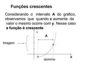 Funções crescentes
Considerando o intervalo A do gráfico,
observamos que quando x aumenta de
valor o mesmo ocorre com y. Nesse caso
a função é crescente
x
y
Imagem
domínio
A
 