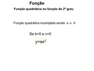 Função
Função quadrática ou função de 2º grau
Função quadrática incompleta sendo a 0

y=ax2
Se b=0 e c=0
 