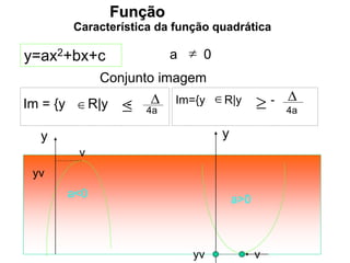 Função
Característica da função quadrática

y=ax2+bx+c a 0
a>0
a<0
Conjunto imagem
y
v
yv
yv
v
y
Im={y R|y -
  
4a
Im = {y R|y -
 
4a

 