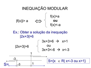 INEQUAÇÃO MODULAR
|f(x)|> a
f(x)>a
ou
f(x)<-a

Ex.: Obter a solução da inequação
|2x+3|>6
|2x+3|>6
3x+3>6  x>1
ou
3x+3<-6  x<-3
S=
1
-3
1
-3
S={x R| x<-3 ou x>1}

 