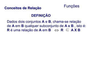 DEFINIÇÃO
Funções
Conceitos de Relação
Dados dois conjuntos A e B, chama-se relação
de A em B qualquer subconjunto de A x B , isto é:
R é uma relação de A em B R A X B


 