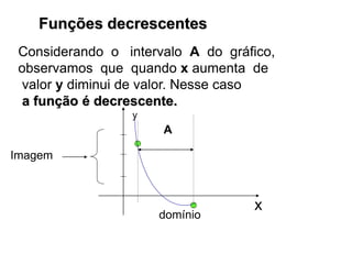 Funções decrescentes
Considerando o intervalo A do gráfico,
observamos que quando x aumenta de
valor y diminui de valor. Nesse caso
a função é decrescente.
x
y
Imagem
domínio
A
 