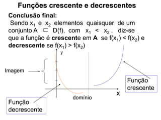 Funções crescente e decrescentes
Conclusão final:
Sendo x1 e x2 elementos quaisquer de um
conjunto A D(f), com x1 < x2 , diz-se
que a função é crescente em A se f(x1) < f(x2) e
decrescente se f(x1) > f(x2)
x
y
Imagem
domínio

Função
crescente
Função
decrescente
 