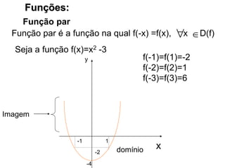 Funções:
Função par
x
y
Imagem
domínio
Função par é a função na qual f(-x) =f(x), x D(f)
 
Seja a função f(x)=x2 -3
f(-1)=f(1)=-2
f(-2)=f(2)=1
f(-3)=f(3)=6
-4
-1
-2
1
 