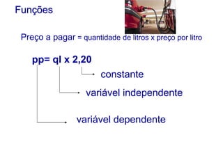 Preço a pagar = quantidade de litros x preço por litro
Funções
pp= ql x 2,20
variável dependente
variável independente
constante
 
