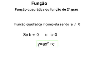 Função
Função quadrática ou função de 2º grau
Função quadrática incompleta sendo a 0

y=ax2 +c
Se b 0 e c=0

 