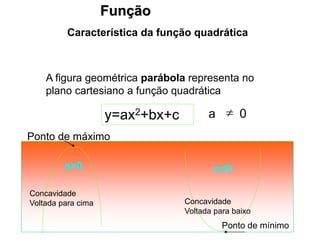 Função
Característica da função quadrática
A figura geométrica parábola representa no
plano cartesiano a função quadrática

y=ax2+bx+c a 0
Concavidade
Voltada para cima
Ponto de mínimo
Ponto de máximo
Concavidade
Voltada para baixo
a>0 a<0
 