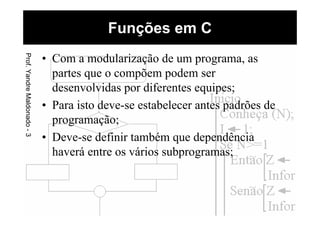• Com a modularização de um programa, as
partes que o compõem podem ser
desenvolvidas por diferentes equipes;
• Para isto deve-se estabelecer antes padrões de
programação;
• Deve-se definir também que dependência
haverá entre os vários subprogramas;
Funções em CProf.YandreMaldonado-3
 