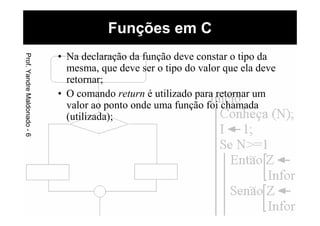 • Na declaração da função deve constar o tipo da
mesma, que deve ser o tipo do valor que ela deve
retornar;
• O comando return é utilizado para retornar um
valor ao ponto onde uma função foi chamada
(utilizada);
Funções em CProf.YandreMaldonado-6
 