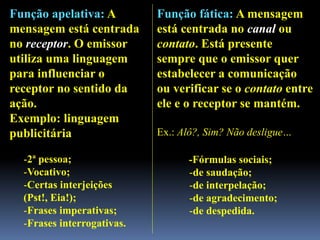 Função apelativa: A
mensagem está centrada
no receptor. O emissor
utiliza uma linguagem
para influenciar o
receptor no sentido da
ação.
Exemplo: linguagem
publicitária
-2ª pessoa;
-Vocativo;
-Certas interjeições
(Pst!, Eia!);
-Frases imperativas;
-Frases interrogativas.
Função fática: A mensagem
está centrada no canal ou
contato. Está presente
sempre que o emissor quer
estabelecer a comunicação
ou verificar se o contato entre
ele e o receptor se mantém.
Ex.: Alô?, Sim? Não desligue…
-Fórmulas sociais;
-de saudação;
-de interpelação;
-de agradecimento;
-de despedida.
 