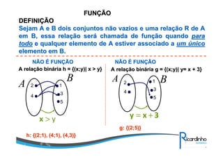 FUNFUNÇÇÃOÃO
DEFINIDEFINIÇÇÃOÃO
Sejam A e B dois conjuntos não vazios e uma relaSejam A e B dois conjuntos não vazios e uma relaçção R de Aão R de A
em B, essa relaem B, essa relaçção serão seráá chamada de funchamada de funçção quandoão quando parapara
todotodo e qualquer elemento de A estiver associado ae qualquer elemento de A estiver associado a umum úúniconico
elemento em B.elemento em B.
A relaA relaçção binão bináária h = {(x;y)| x > y}ria h = {(x;y)| x > y}
y>x
A
B
2
4
1
3
5
h: {(2;1), (4;1), (4,3)}h: {(2;1), (4;1), (4,3)}
A relaA relaçção binão bináária g = {(x;y)| y= x + 3}ria g = {(x;y)| y= x + 3}
3xy +=
2
4
1
3
5
g: {(2;5)}g: {(2;5)}
A B
NÃONÃO ÉÉ FUNFUNÇÇÃOÃO NÃONÃO ÉÉ FUNFUNÇÇÃOÃO
 