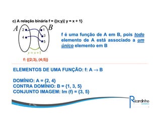 c) A relac) A relaçção binão bináária f = {(x;y)| y = x + 1}ria f = {(x;y)| y = x + 1}
1+= xy
A B2
4
1
3
5
f: {(2;3), (4;5)}f: {(2;3), (4;5)}
ff éé uma funuma funçção de A em B, poisão de A em B, pois todotodo
elemento de A estelemento de A estáá associado aassociado a umum
úúniconico elemento em Belemento em B
ELEMENTOS DE UMA FUNELEMENTOS DE UMA FUNÇÇÃO: f: AÃO: f: A →→→→→→→→ BB
DOMDOMÍÍNIO: A = {2, 4}NIO: A = {2, 4}
CONTRA DOMCONTRA DOMÍÍNIO: B = {1, 3, 5}NIO: B = {1, 3, 5}
CONJUNTO IMAGEM: Im (f) = {3, 5}CONJUNTO IMAGEM: Im (f) = {3, 5}
 