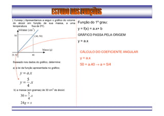 Função do 1º grau:
y = f(x) = a.x+ b
GRÁFICO PASSA PELA ORIGEM
y = a.x
CÁLCULO DO COEFICIENTE ANGULAR
y = a.x
50 = a.40 → a = 5/4
xy
xay
.
4
5
.
=
=
xg
x
=
=
24
.
4
5
30
 