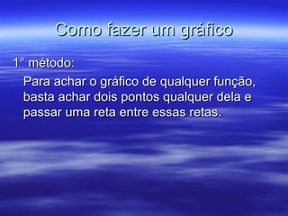 Como fazer um gráfico
1° método:
  Para achar o gráfico de qualquer função,
  basta achar dois pontos qualquer dela e
  passar uma reta entre essas retas.
 