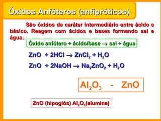 Óxidos Anfóteros (anfipróticos)
      São óxidos de caráter intermediário entre ácido e
básico. Reagem com ácidos e bases formando sal e
água.
       Óxido anfótero + ácido/base → sal + água

       ZnO + 2HCl → ZnCl2 + H2O
       ZnO + 2NaOH → Na2ZnO2 + H2O


                          Al2O3 - ZnO
        ZnO (hipoglós) Al2O3(alumina)
 